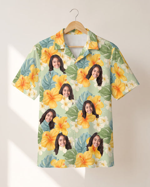 Tropical Hibiscus Vibes personalized Hawaiian shirt printed with customer faces