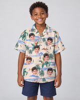 Tropical Island Paradise Hawaiian shirt with printed faces, worn by a child