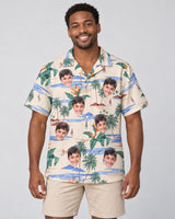 Tropical Island Paradise Hawaiian shirt with printed faces, worn by a man