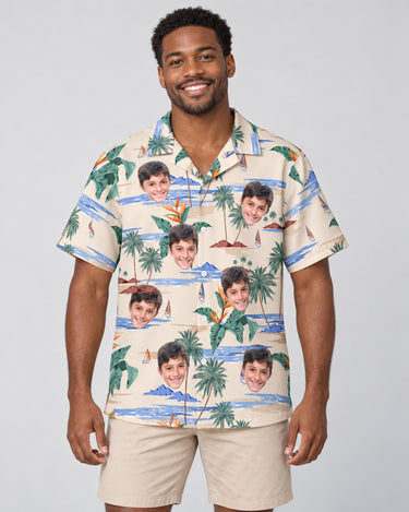 Tropical Island Paradise Hawaiian shirt with printed faces, worn by a man