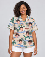 Tropical Island Paradise Hawaiian shirt with printed faces, worn by a woman