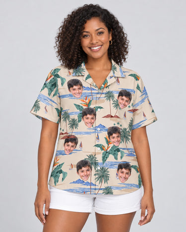 Tropical Island Paradise Hawaiian shirt with printed faces, worn by a woman