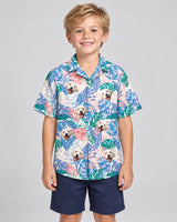 Tropical Leaf Fusion Hawaiian shirt with printed faces, worn by a child