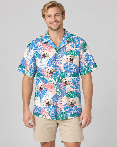 Tropical Leaf Fusion Hawaiian shirt with printed faces, worn by a man