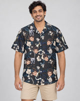 Tropical Night Bloom Hawaiian shirt with printed faces, worn by a man