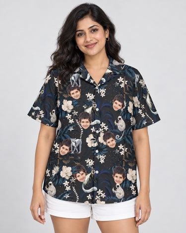 Tropical Night Bloom Hawaiian shirt with printed faces, worn by a woman