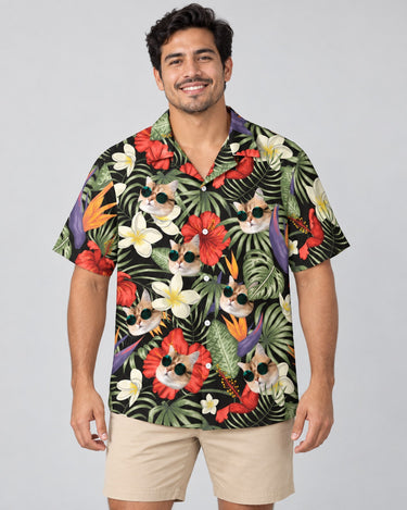 Tropical Oasis Hawaiian shirt with printed faces, worn by a man