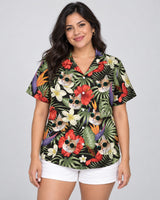 Tropical Oasis Hawaiian shirt with printed faces, worn by a woman