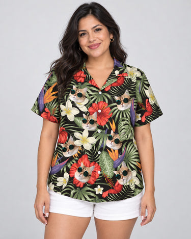 Tropical Oasis Hawaiian shirt with printed faces, worn by a woman