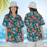 Woman wearing the Tropical Postcard Hawaiian Shirt with custom faces, front and back view