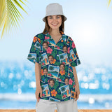 Woman wearing the Tropical Postcard Hawaiian Shirt with custom faces