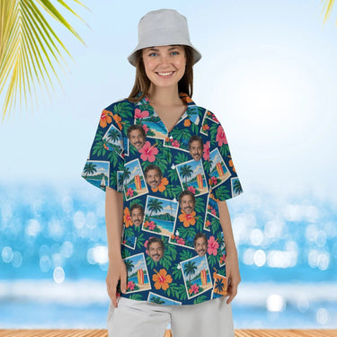 Woman wearing the Tropical Postcard Hawaiian Shirt with custom faces