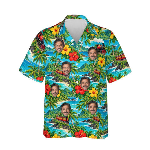 Tropical Train Hawaiian Shirt personalized with printed faces, front view