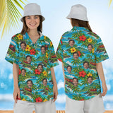 Woman wearing the Tropical Train Hawaiian Shirt with custom faces, front and back view