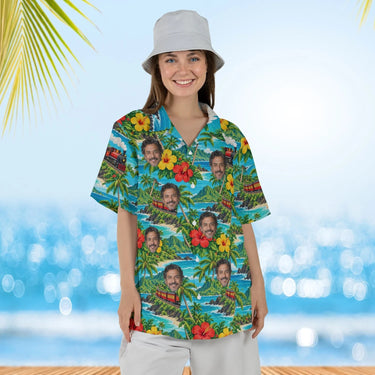 Woman wearing the Tropical Train Hawaiian Shirt with custom faces