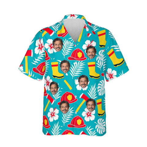 Tropical Rescue Firefighter Hawaiian Shirt personalized with printed faces, front view