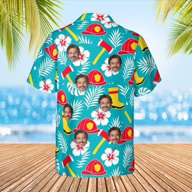 Tropical Rescue Firefighter Hawaiian Shirt with custom faces, back view