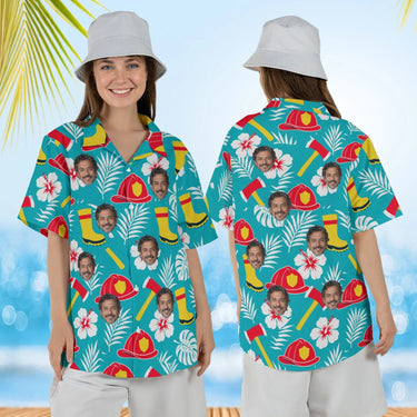 Woman wearing the Tropical Rescue Firefighter Hawaiian Shirt with custom faces, front and back view