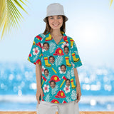 Woman wearing the Tropical Rescue Firefighter Hawaiian Shirt with custom faces