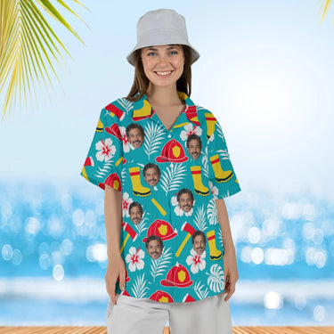 Woman wearing the Tropical Rescue Firefighter Hawaiian Shirt with custom faces