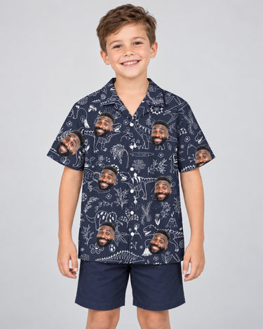 Tropical T-Rex Bloom Hawaiian shirt with printed faces, worn by a child