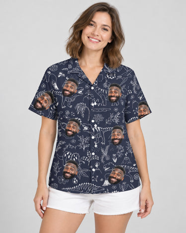 Tropical T-Rex Bloom Hawaiian shirt with printed faces, worn by a woman