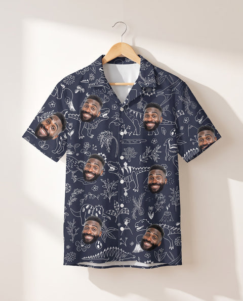 Tropical T-Rex Bloom personalized Hawaiian shirt printed with customer faces