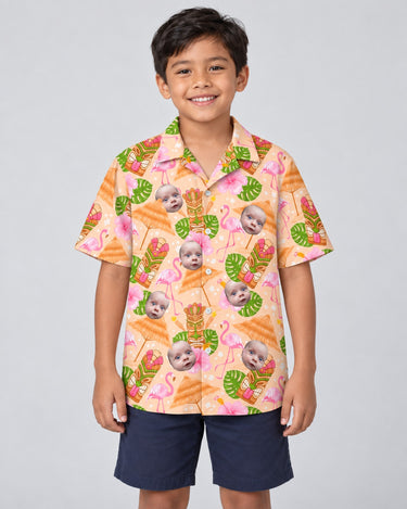 Tropical Tiki Grill Fest Hawaiian shirt with printed faces, worn by a child