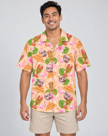 Tropical Tiki Grill Fest Hawaiian shirt with printed faces, worn by a man