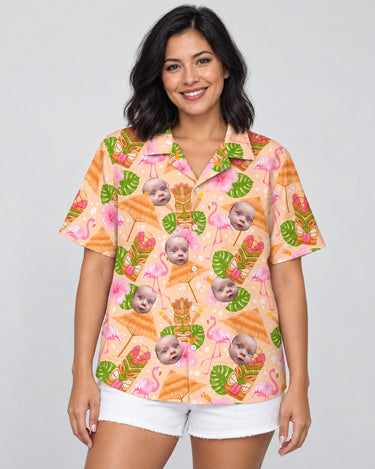 Tropical Tiki Grill Fest Hawaiian shirt with printed faces, worn by a woman