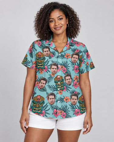 Tropical Tiki Mask Hawaiian shirt with printed faces, worn by a woman