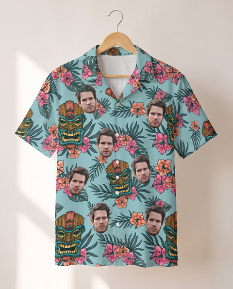 Tropical Tiki Mask personalized Hawaiian shirt printed with customer faces