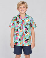 Tropical Toucan Macaw Paradise Hawaiian shirt with printed faces, worn by a child