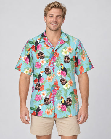 Tropical Toucan Macaw Paradise Hawaiian shirt with printed faces, worn by a man
