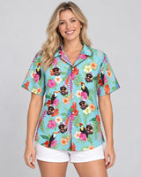 Tropical Toucan Macaw Paradise Hawaiian shirt with printed faces, worn by a woman