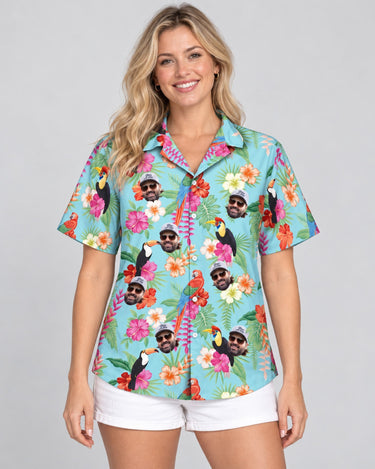 Tropical Toucan Macaw Paradise Hawaiian shirt with printed faces, worn by a woman