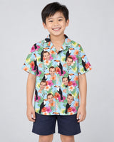 Tropical Toucan Hawaiian shirt with printed faces, worn by a child