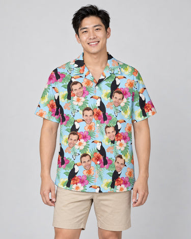 Tropical Toucan Hawaiian shirt with printed faces, worn by a man
