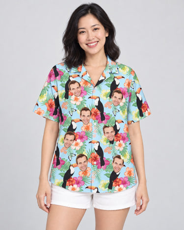 Tropical Toucan Hawaiian shirt with printed faces, worn by a woman