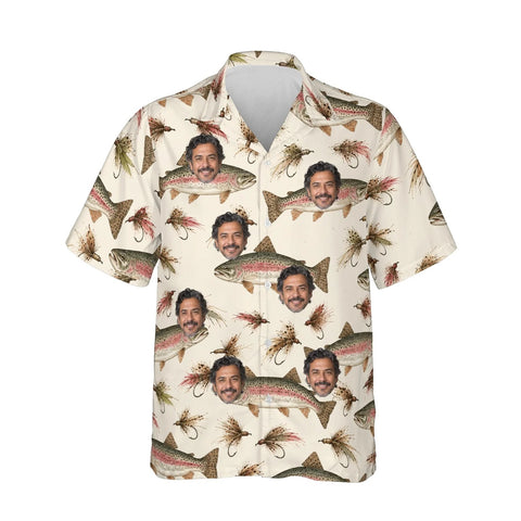 Trout & Flies Fishing Hawaiian Shirt personalized with printed faces, front view
