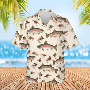 Trout & Flies Fishing Hawaiian Shirt print before personalizing, front view