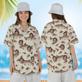 Woman wearing the Trout & Flies Fishing Hawaiian Shirt with custom faces, front and back view