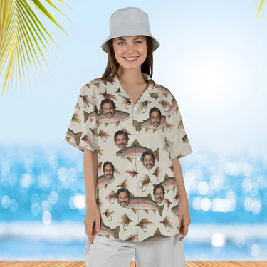 Woman wearing the Trout & Flies Fishing Hawaiian Shirt with custom faces