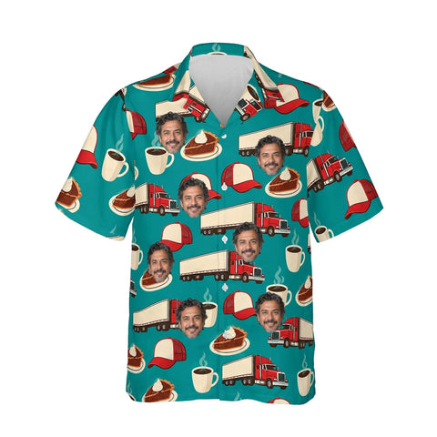 Truck Stop Diner Trucker Hawaiian Shirt personalized with printed faces, front view