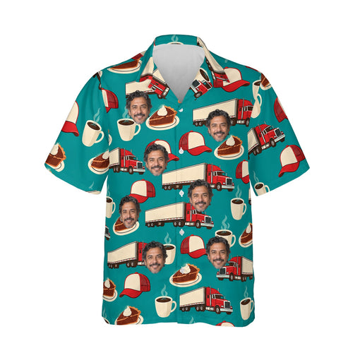 Truck Stop Diner Trucker Hawaiian Shirt personalized with printed faces, front view