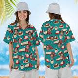 Woman wearing the Truck Stop Diner Trucker Hawaiian Shirt with custom faces, front and back view