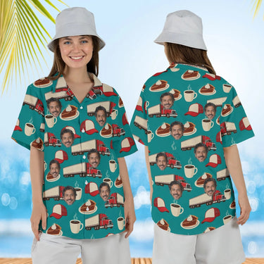 Woman wearing the Truck Stop Diner Trucker Hawaiian Shirt with custom faces, front and back view