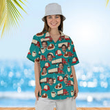 Woman wearing the Truck Stop Diner Trucker Hawaiian Shirt with custom faces