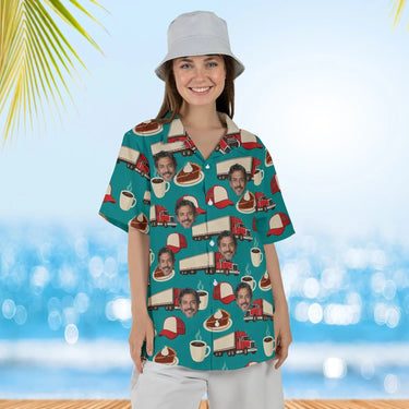 Woman wearing the Truck Stop Diner Trucker Hawaiian Shirt with custom faces