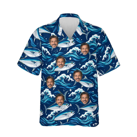 Tuna Waves Fishing Hawaiian Shirt personalized with printed faces, front view